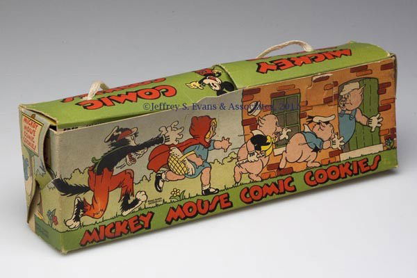 MICKEY MOUSE COMIC COOKIES LITHOGRAPHED BOX: MICKEY MOUSE COMIC COOKIES LITHOGRAPHED BOX, with original handle. Second quarter 20th century. 4 3/4" HOA, 2" x 10". Provenance: From the estate of R. Merlin Turner.