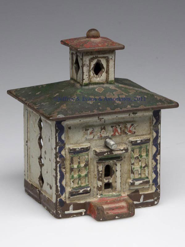 CUPOLA "BANK" CAST-IRON STILL BANK: CUPOLA "BANK" CAST-IRON STILL BANK, original paint. J. & E. Stevens. Fourth quarter 19th century. 4" H. Provenance: Estate of Harry L. Jackson, Bowling Green, KY.