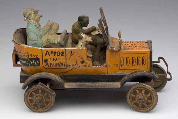 MARX AMOS 'N' ANDY FRESH AIR TAXI WIND-UP TIN TOY: MARX AMOS 'N' ANDY FRESH AIR TAXI WIND-UP TIN TOY, original figures, lacking hood ornament. First half 20th century. 8" L.