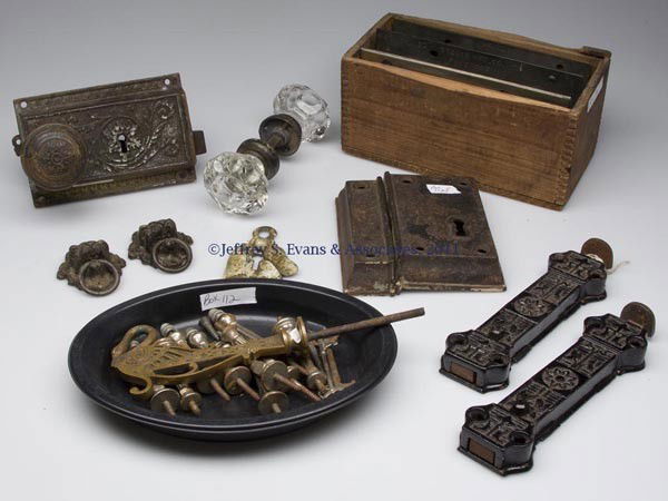ASSORTED LOT OF INTERIOR ARCHITECTURAL ELEMENTS: ASSORTED LOT OF INTERIOR ARCHITECTURAL ELEMENTS, including door locks and knobs, hooks, hinges, pulls, etc. 19th and 20th century. Provenance: From the collection of Pat and the late Bob Costa.