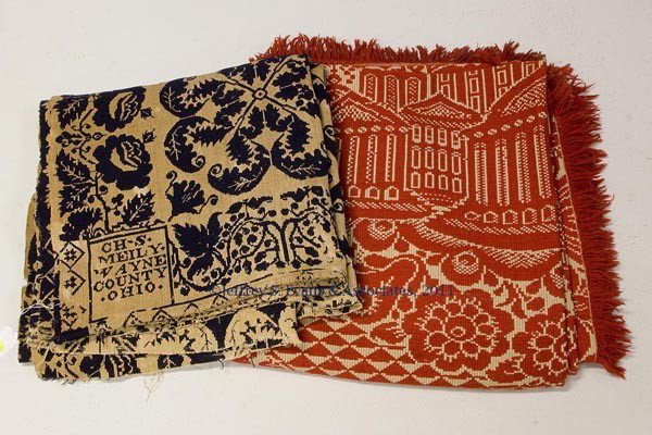 TWO AMERICAN JACQUARD WOVEN COVERLETS: TWO AMERICAN JACQUARD WOVEN COVERLETS, red and white example inscribed "Hail Columbia" and dated 1868, blue and white example signed "CH. SMEILY, WAYNE COUNTY, OHIO" in corner blocks. 19th century. Pr