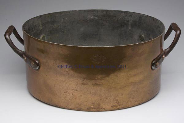 DUPARQUET, NEW YORK COPPER LARGE STOCK POT: DUPARQUET, NEW YORK COPPER LARGE STOCK POT, with two large riveted cast-iron handles, stamped on side below rim, other markings include numerals and letters. Late 19th/early 20th century. 7" H, 16 1/4