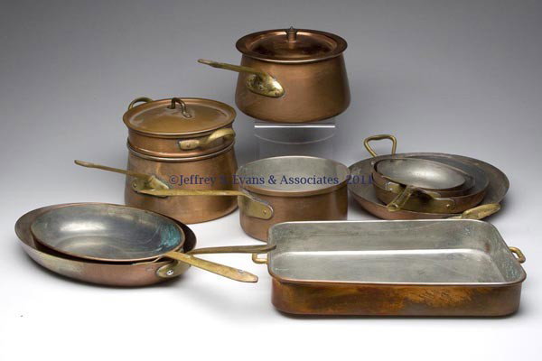 TEN ASSORTED PIECES OF COPPER COOKWARE: TEN ASSORTED PIECES OF COPPER COOKWARE, two pieces marked France and two marked Portugal, remainder unmarked. 20th century. 10 1/4" D largest.