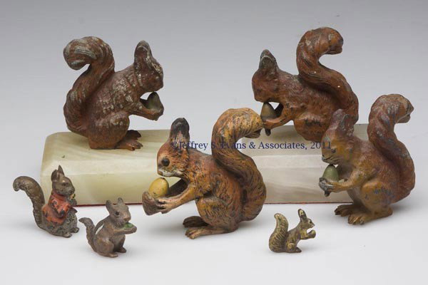 SEVEN PAINTED METAL ANIMAL FIGURES: SEVEN PAINTED METAL ANIMAL FIGURES, comprising six squirrels and a rabbit, one of largest and three small being Vienna bronze examples, one marked Austria, remaining large examples are white metal. Fi