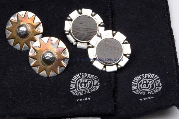 TWO PAIR OF WILLIAM SPRATLING STERLING SILVER EARR: TWO PAIR OF WILLIAM SPRATLING STERLING SILVER EARRINGS, pierced style, each fully marked including "TS-24", with cloth bags. Fourth quarter 20th century. 1 1/8" D.