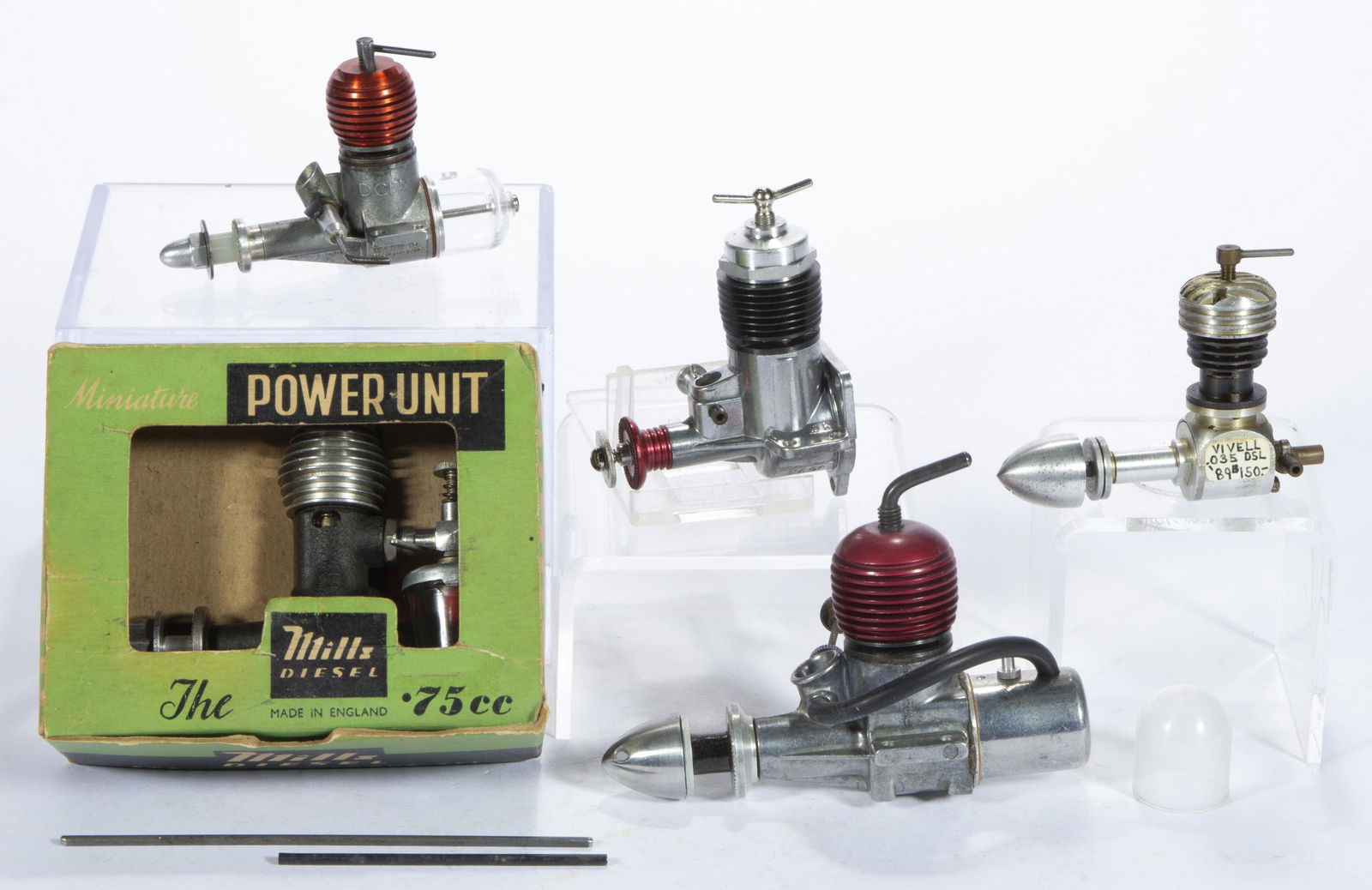 ASSORTED MANUFACTURERS DIESEL MODEL AIRPLANE ENGINES, LOT OF FIVE, (1 of 3)