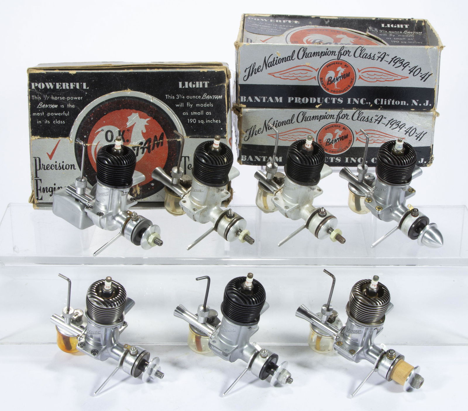 BANTAM PRODUCTS, INC. AND HERKIMER TOOL, "BANTAM 19" MODEL AIRPLANE ENGINES, LOT OF SEVEN, (1 of 2)