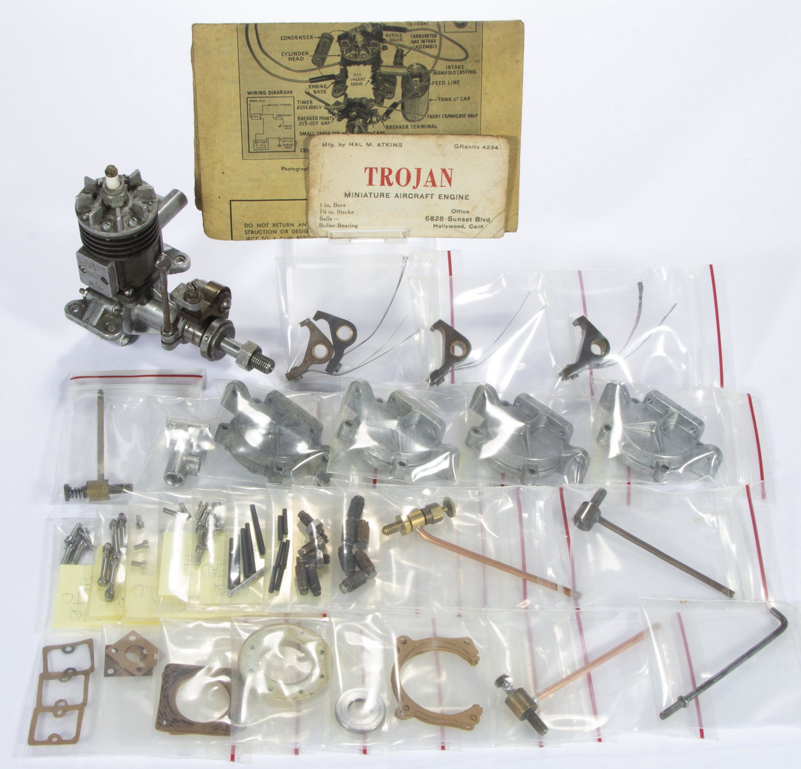 G. H. Q. MOTORS MODEL AIRPLANE CO. MODEL AIRPLANE ENGINE AND PARTS, LOT OF APPROXIMATELY 32 (1 of 5)