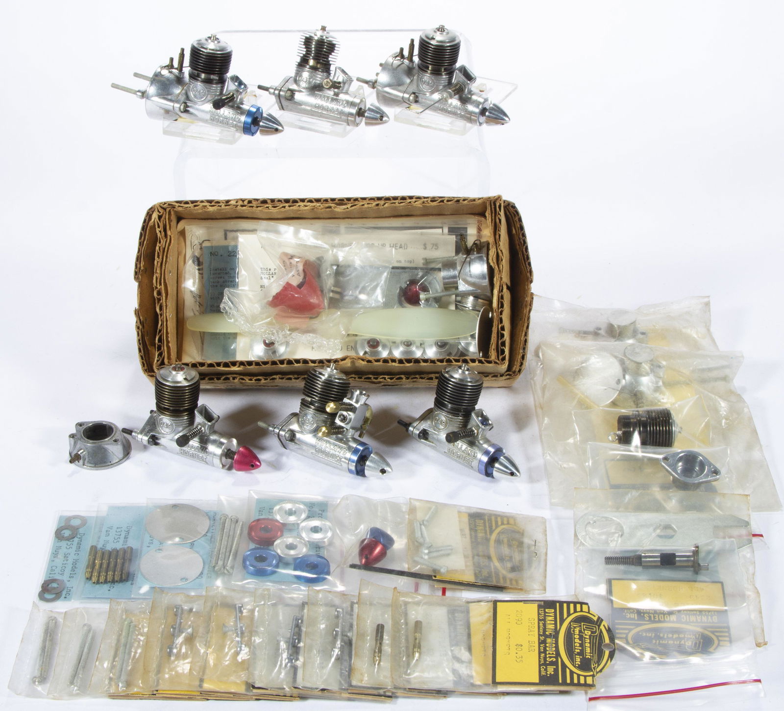 DYNAMIC MODELS, INC. "HOLLAND HORNET" MODEL .049 AND .051 GLOW ENGINES AND PARTS, LOT OF 28 (1 of 5)