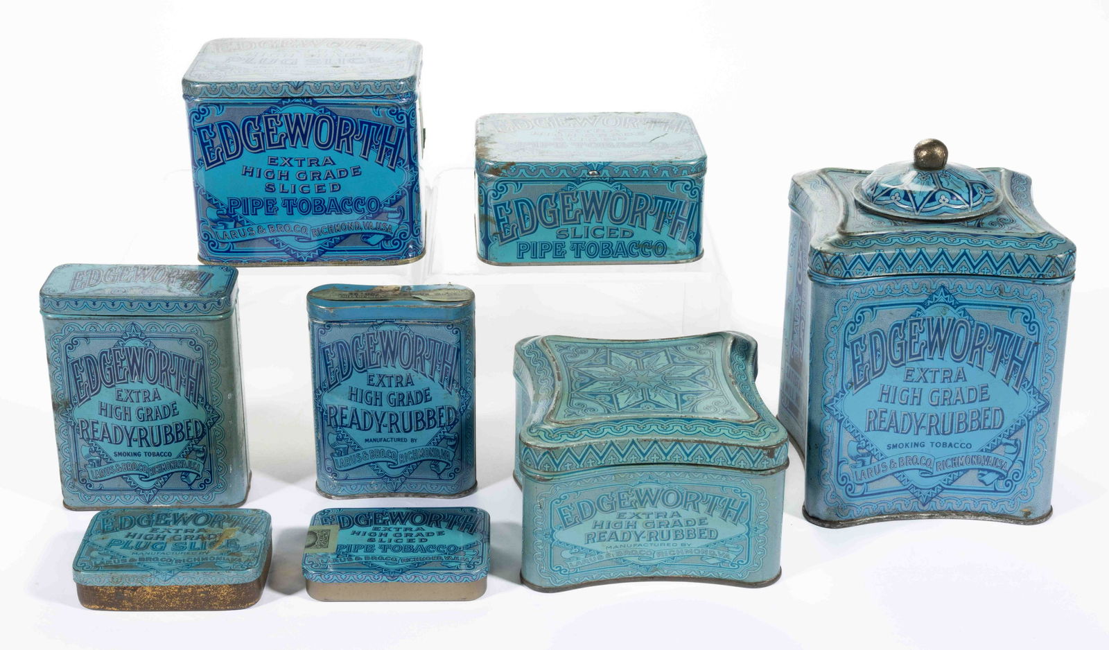 EDGEWORTH, RICHMOND, VIRGINIA, TIN LITHOGRAPHED TOBACCO ADVERTISING TINS, LOT OF EIGHT, (1 of 1)