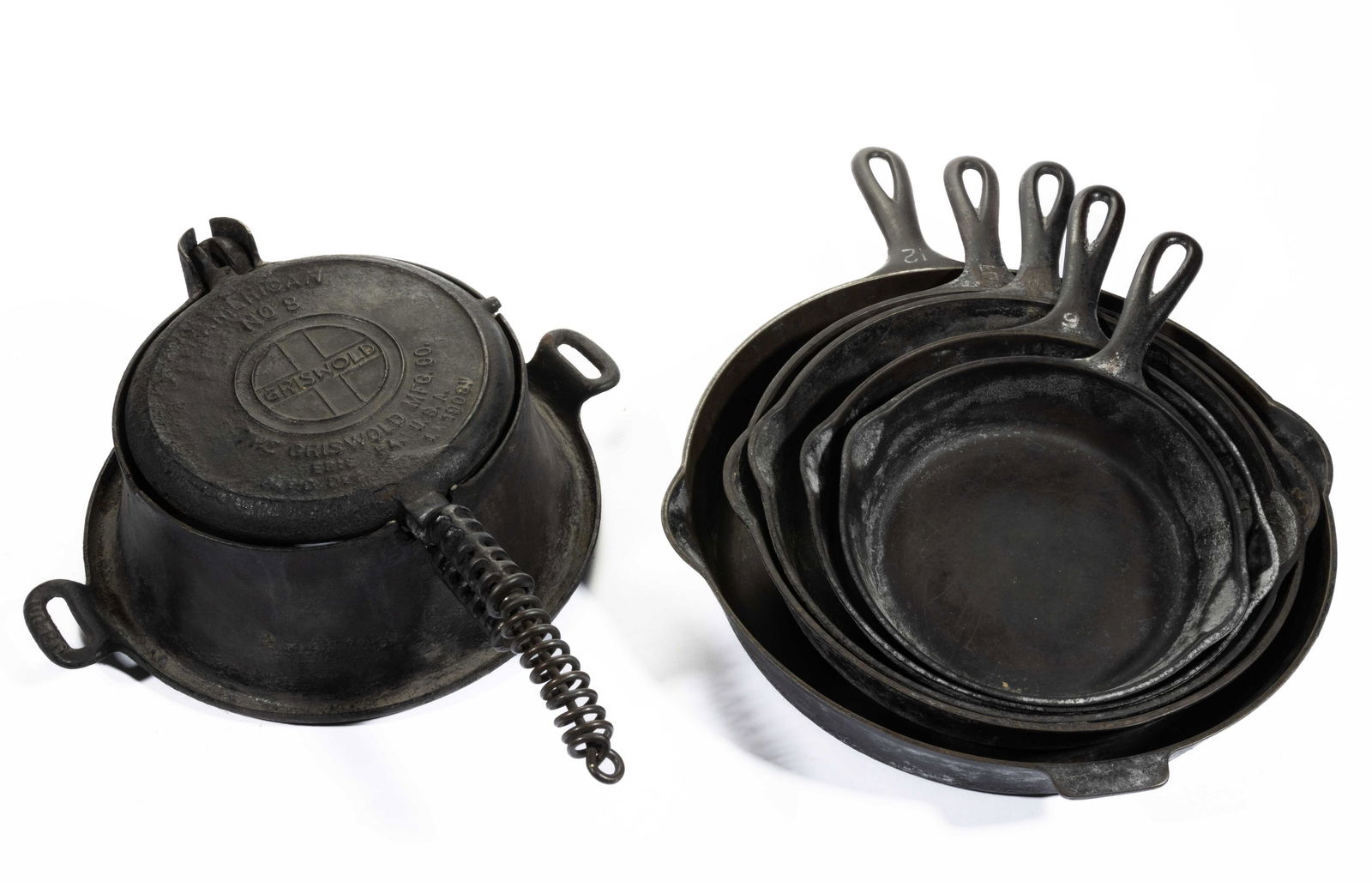 ASSORTED GRISWOLD / WAGNER CAST-IRON ARTICLES, LOT OF SIX, (1 of 2)