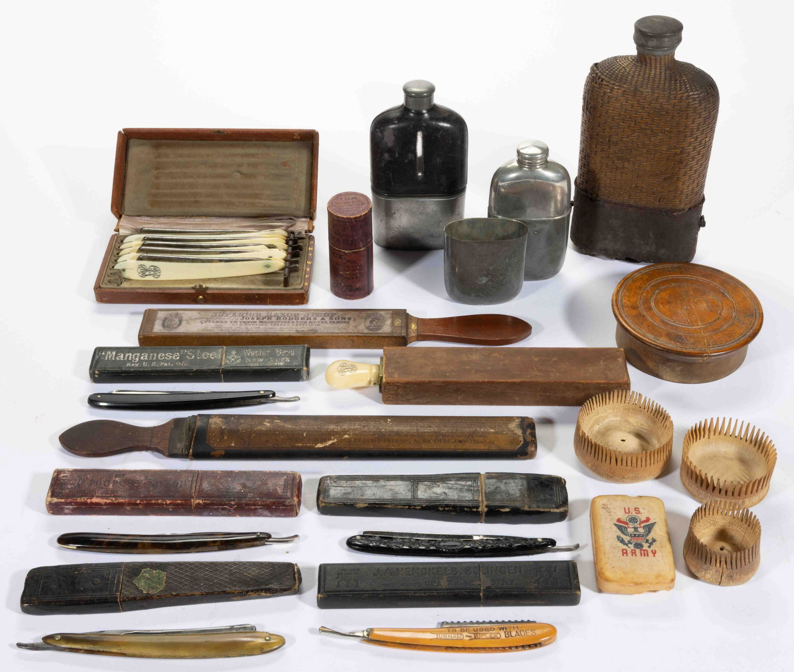 ASSORTED GENTLEMAN'S SHAVING AND OTHER ARTICLES, LOT OF 17 +/-,: ASSORTED GENTLEMAN'S SHAVING AND OTHER ARTICLES, LOT OF 17 +/-, including ten straight razors with cases, three pocket flasks, three razor strops, and a bar of soap with patriotic label for the U.S. A