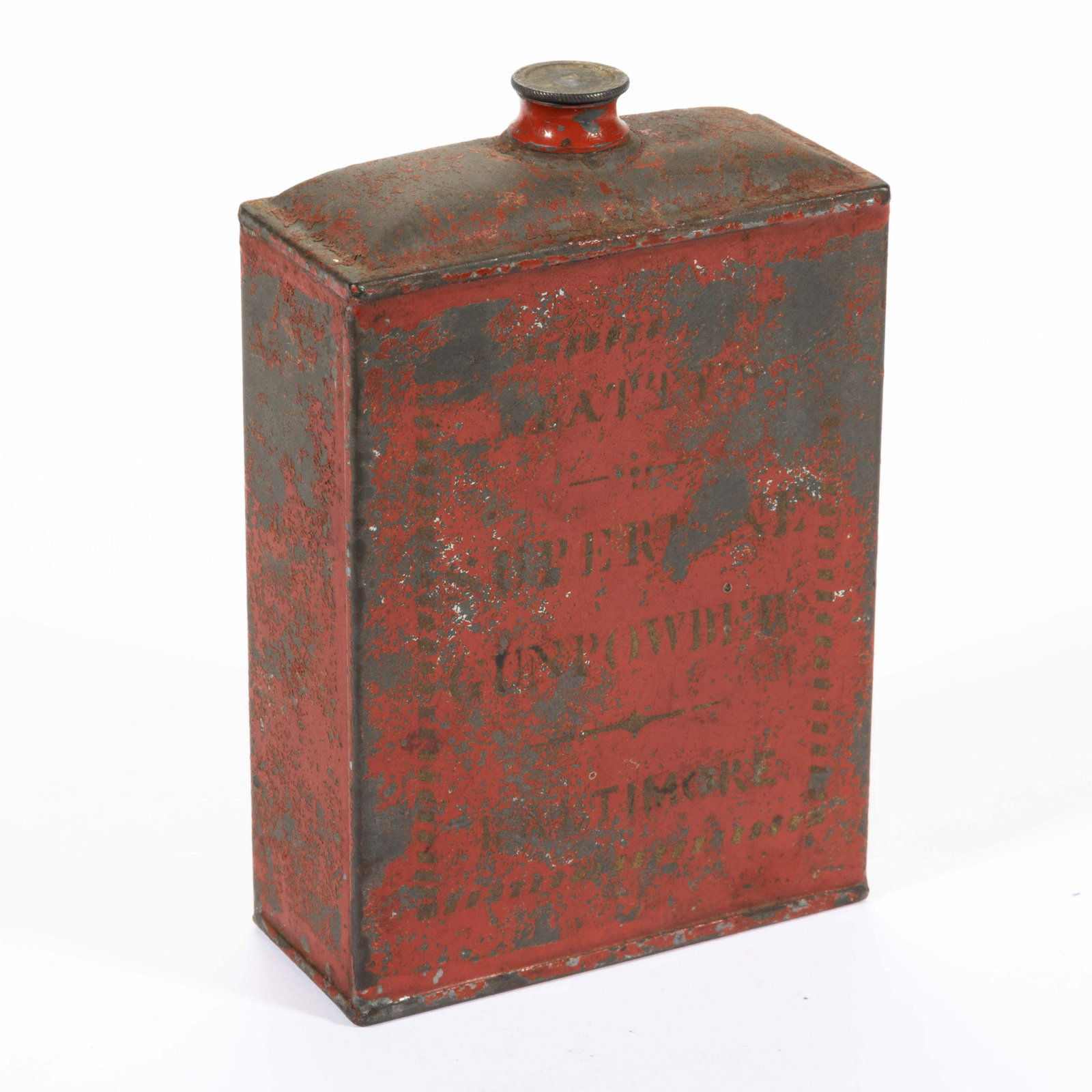 BALTIMORE, MARYLAND PAINTED GUN POWDER TIN CAN,: BALTIMORE, MARYLAND PAINTED GUN POWDER TIN CAN, for "JAMES BEATTY", retains original paint and stenciled surface. Fourth quarter 19th century. 6" H. Provenance: Deaccessioned by the Valentine Museum, 