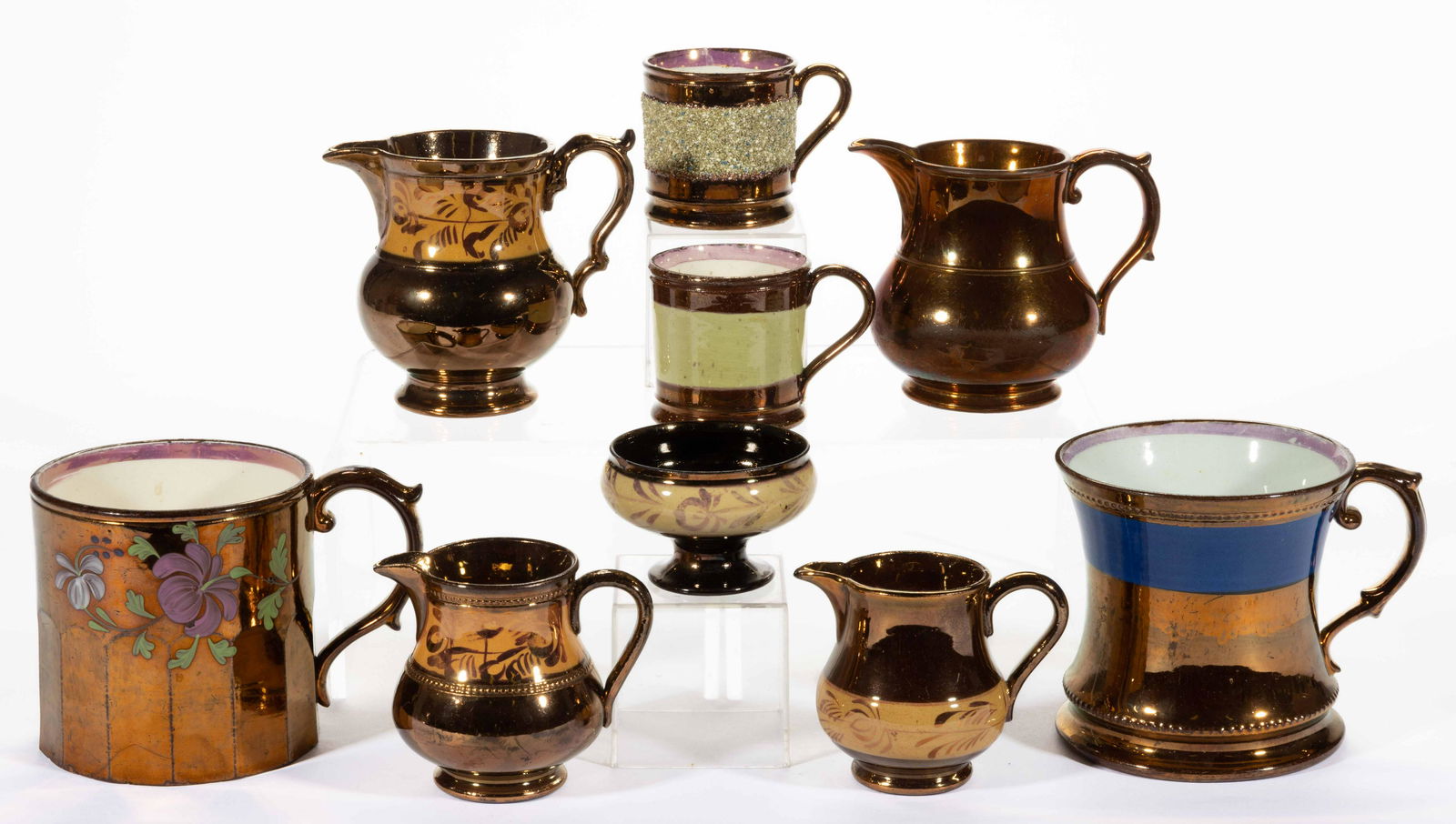 COPPER LUSTRE DRINKING ARTICLES, LOT OF EIGHT, (1 of 1)