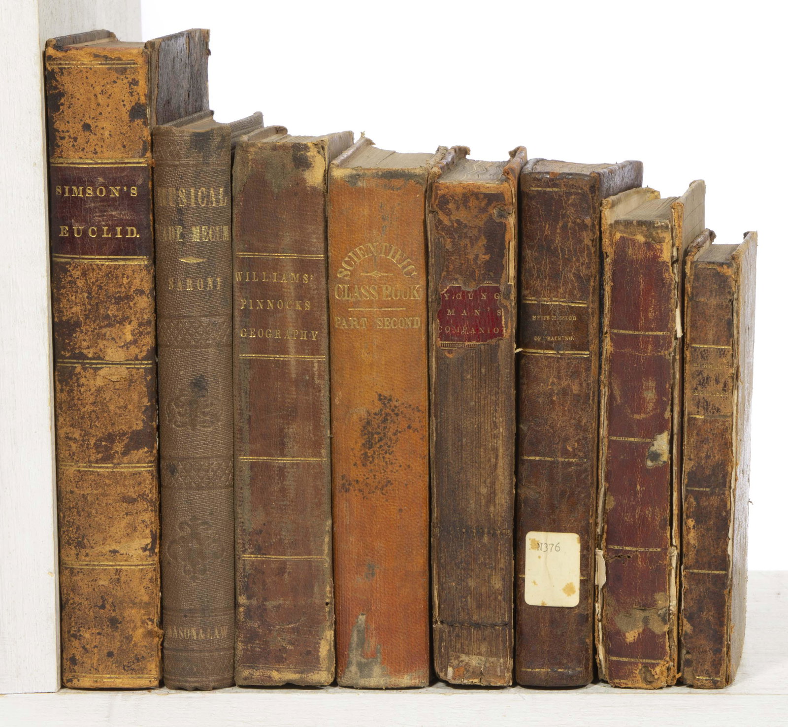 ANTIQUARIAN SCHOOL / TEXT BOOKS, LOT OF EIGHT,: ANTIQUARIAN SCHOOL / TEXT BOOKS, LOT OF EIGHT, including (1) Fisher, The Instructor, or American Young Man's Best Companion, Improved...Also, a Compendium of the Sciences of Geography and Astronomy...