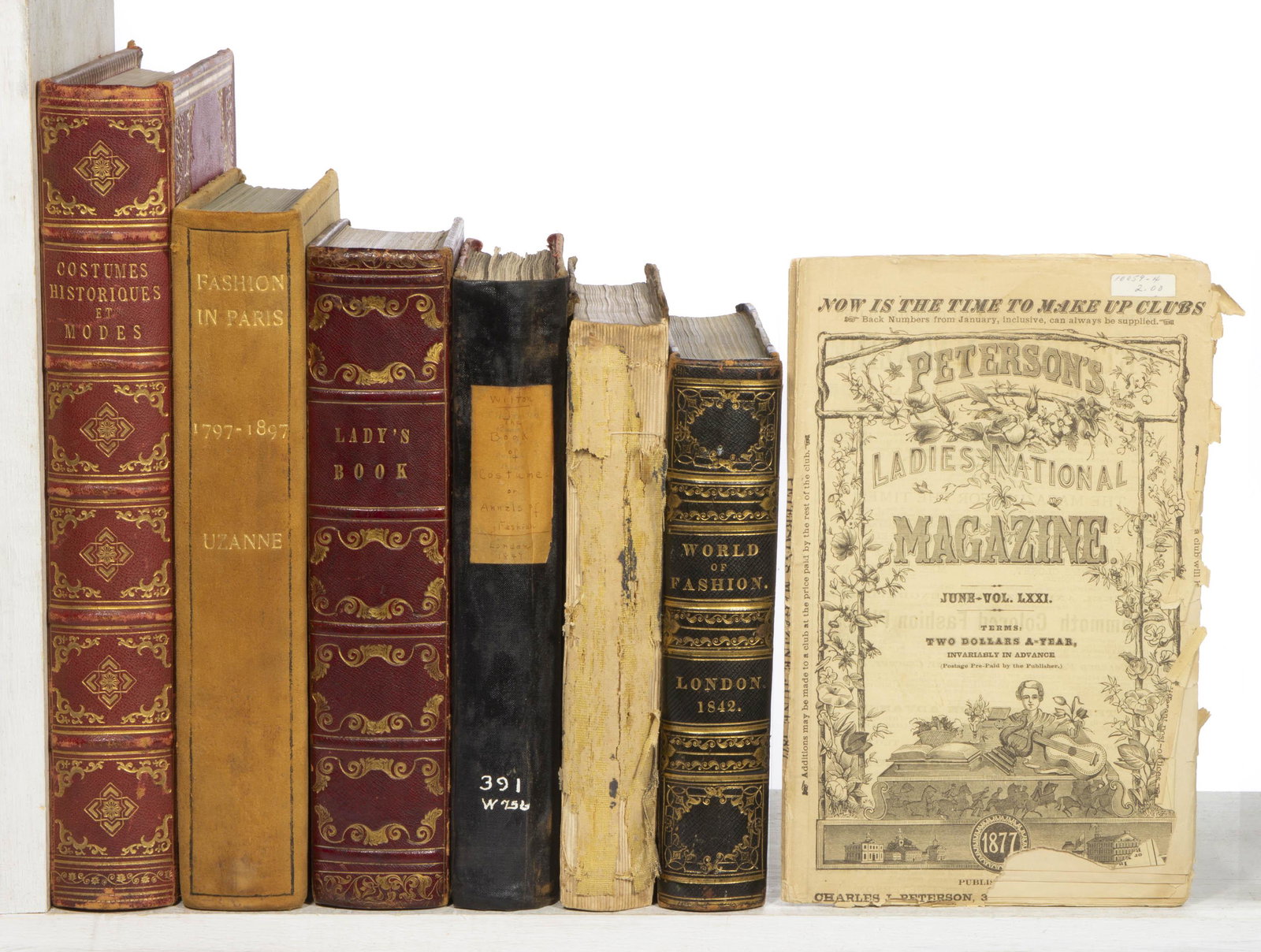 ANTIQUARIAN COSTUME / FASHION VOLUMES, LOT OF SIX,: ANTIQUARIAN COSTUME / FASHION VOLUMES, LOT OF SIX, (1) Freres, Modes et Costumes Historiques, Paris, circa 1864, 96 hand-colored plates; (2) Uzanne, Fashion in Paris, the Various Phases of Feminine Ta