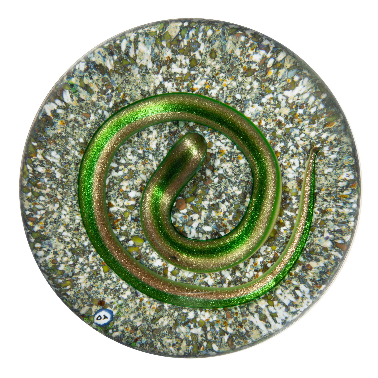 DELMO TARSITANO (AMERICAN 1921-1991) AVENTURINE SNAKE LAMPWORK PAPERWEIGHT,: DELMO TARSITANO (AMERICAN 1921-1991) AVENTURINE SNAKE LAMPWORK PAPERWEIGHT, coiled light green, aventurine green, and gold aventurine snake, above and multi-colored frit ground, signature cane to the