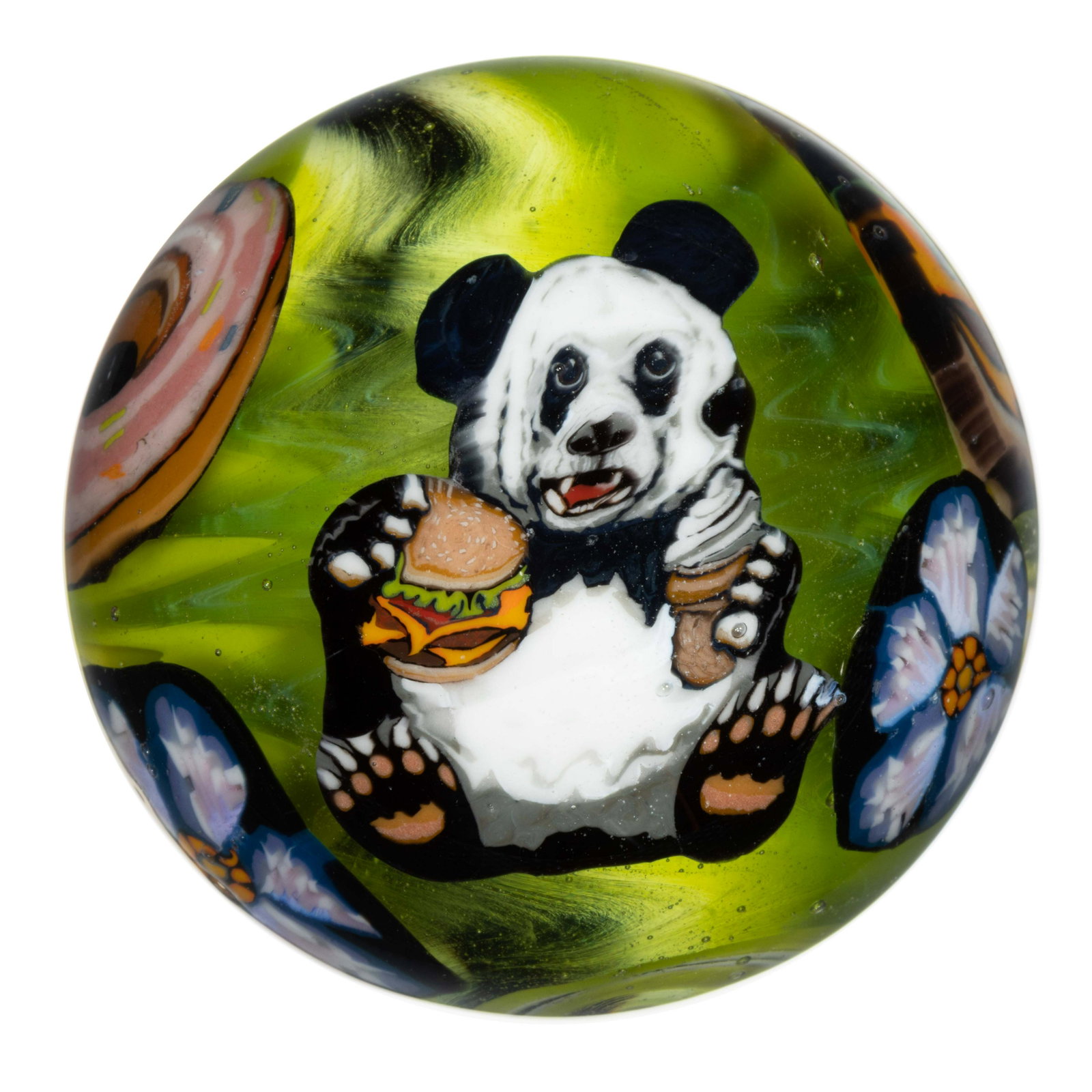 STEPHEN BOEHME (AMERICAN, XX/XXI) MURRINE MARBLE,: STEPHEN BOEHME (AMERICAN, XX/XXI) MURRINE MARBLE, having a wide variety of murrine decoration including a panda bear holding a cheeseburger and vanilla ice-cream cone, surface with an additional chees