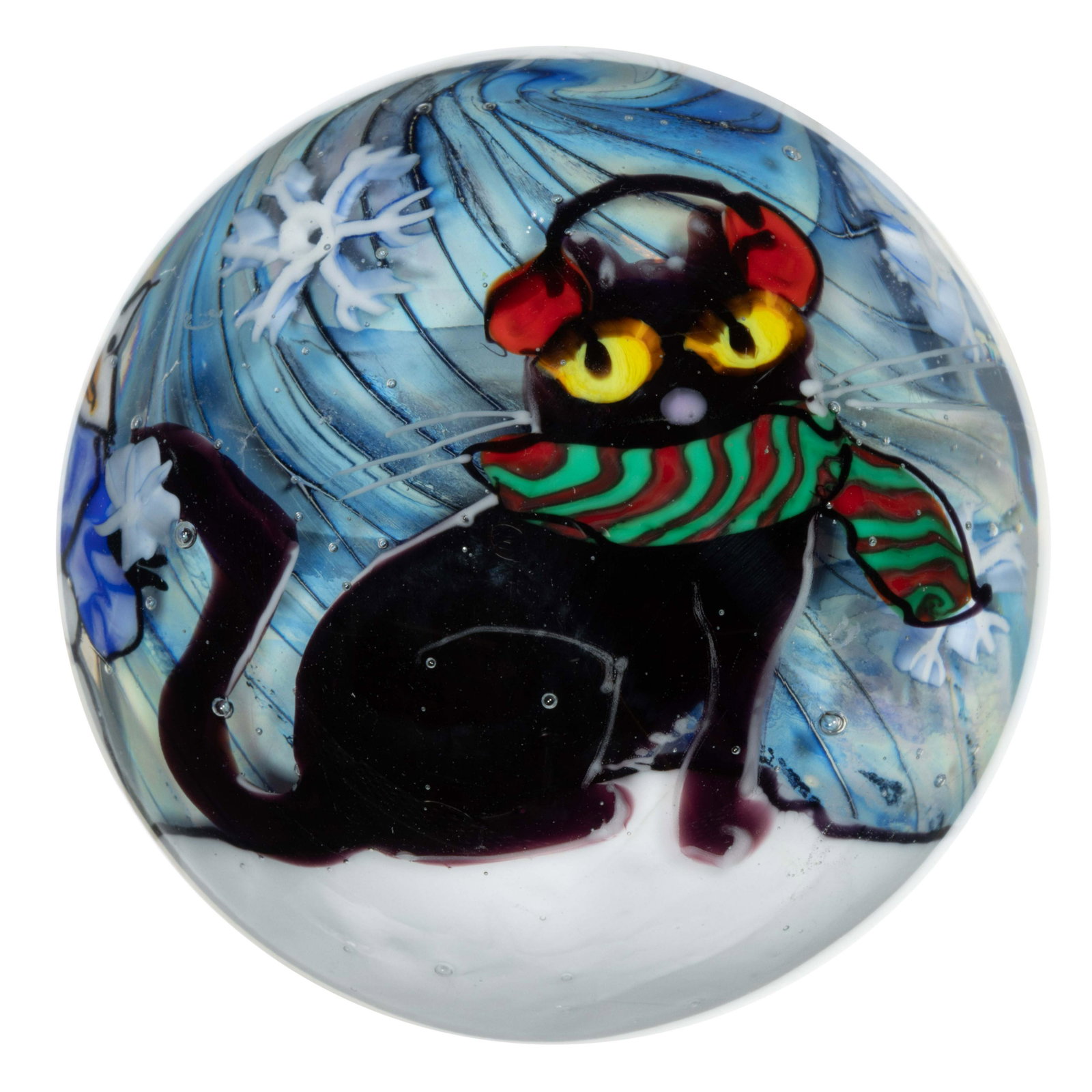 UNIQUE HEATHER BEHRENDT (AMERICAN, B. 1984) SNOW KITTY MARBLE,: UNIQUE HEATHER BEHRENDT (AMERICAN, B. 1984) SNOW KITTY MARBLE, black kitty with a red and green scarf around its neck and red earmuffs on its ears, with a three-tiered kitty snowman behind, scattered 