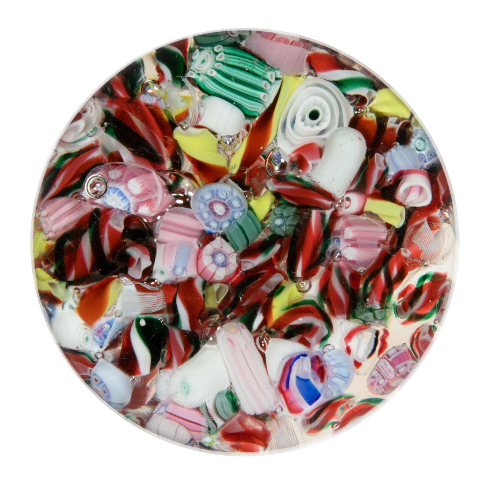 ANTIQUE NEW ENGLAND SCRAMBLED MILLEFIORI PAPERWEIGHT,: ANTIQUE NEW ENGLAND SCRAMBLED MILLEFIORI PAPERWEIGHT, scrambled composition featuring a variety of millefiori canes and twists especially in red and green, many complex canes, polished pontil mark. Ne