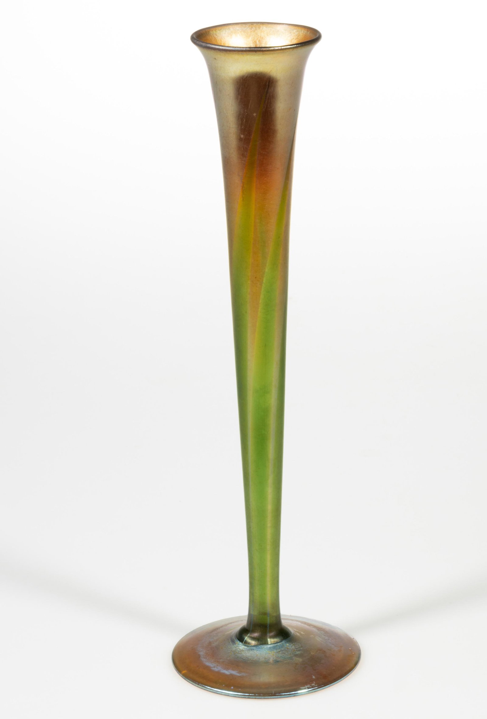 TIFFANY STUDIOS PULLED FEATHER IRIDESCENT ART GLASS TRUMPET VASE, (1 of 2)