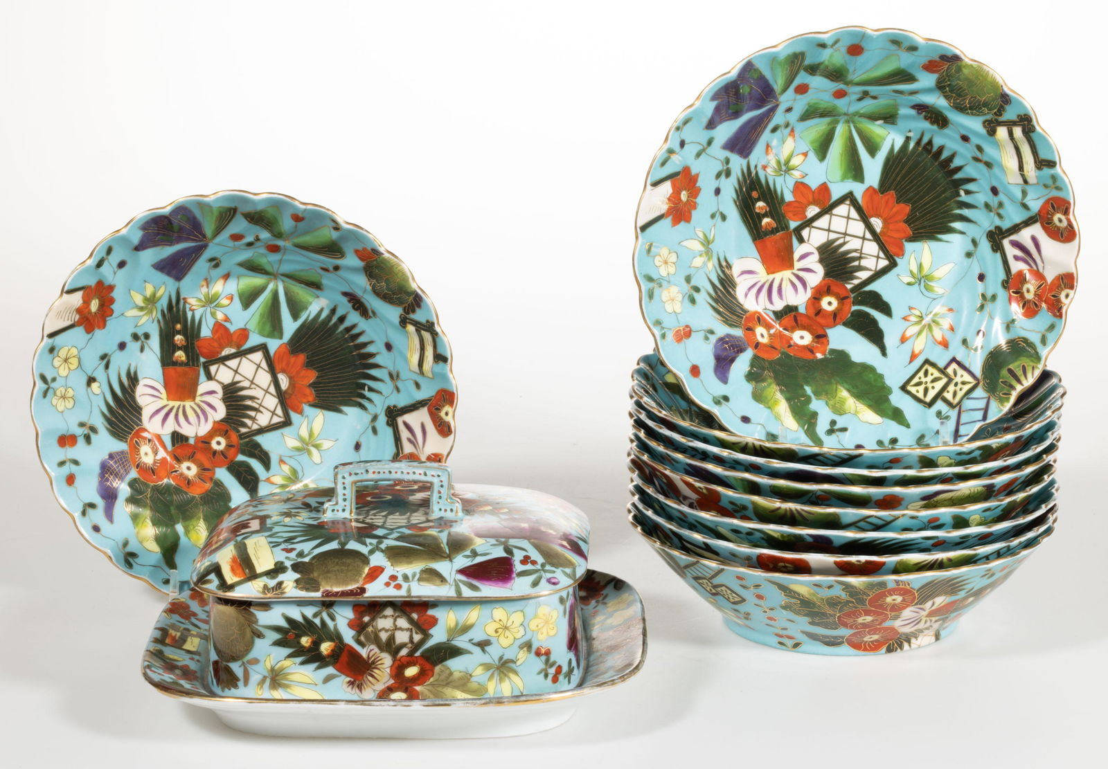 CONTINENTAL ROYAL VIENNA PORCELAIN TABLE ARTICLES, LOT OF TEN,: CONTINENTAL ROYAL VIENNA PORCELAIN TABLE ARTICLES, LOT OF TEN, each having bold polychrome orientalist-style decorations on turquoise ground with gilt accents, comprising a square-form covered butter