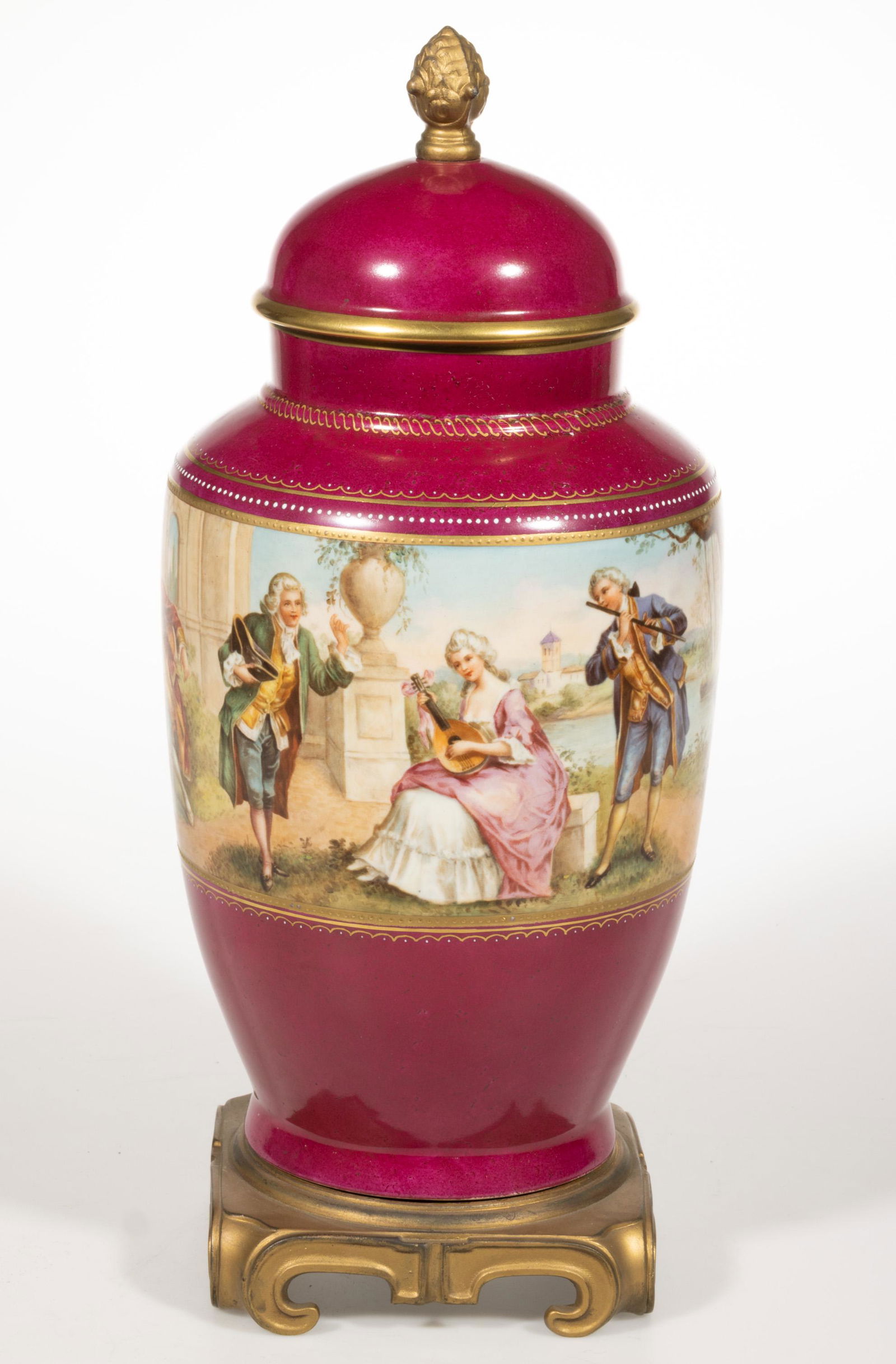 CONTINENTAL HAND-PAINTED PORCELAIN BOLTED URN, (1 of 4)