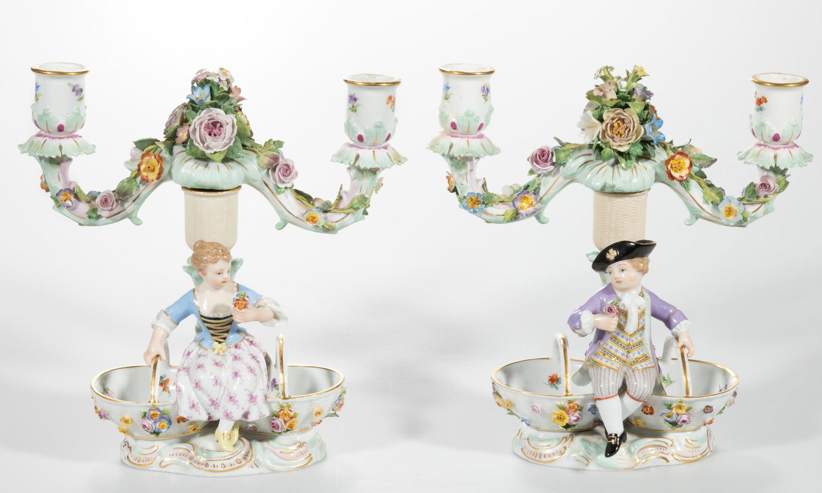 GERMAN MEISSEN PORCELAIN FIGURAL DOUBLE-ARM CANDELABRA PAIR, (1 of 3)