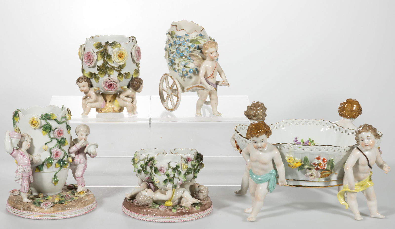 GERMAN PORCELAIN CUPID / CHILDREN FIGURAL ARTICLES, LOT OF FIVE, (1 of 6)