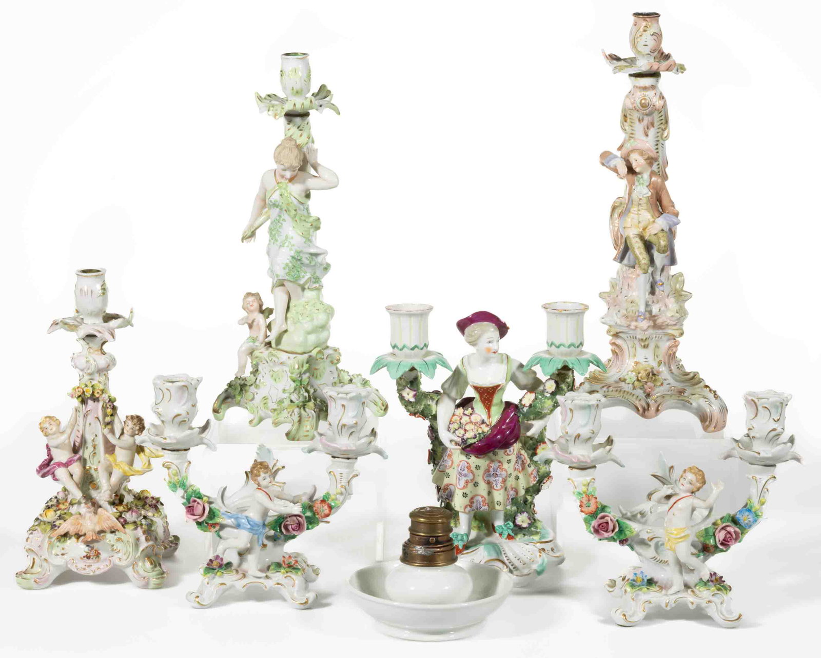 CONTINENTAL PORCELAIN HAND-PAINTED FIGURAL CANDLESTICKS, LOT OF SIX, (1 of 4)