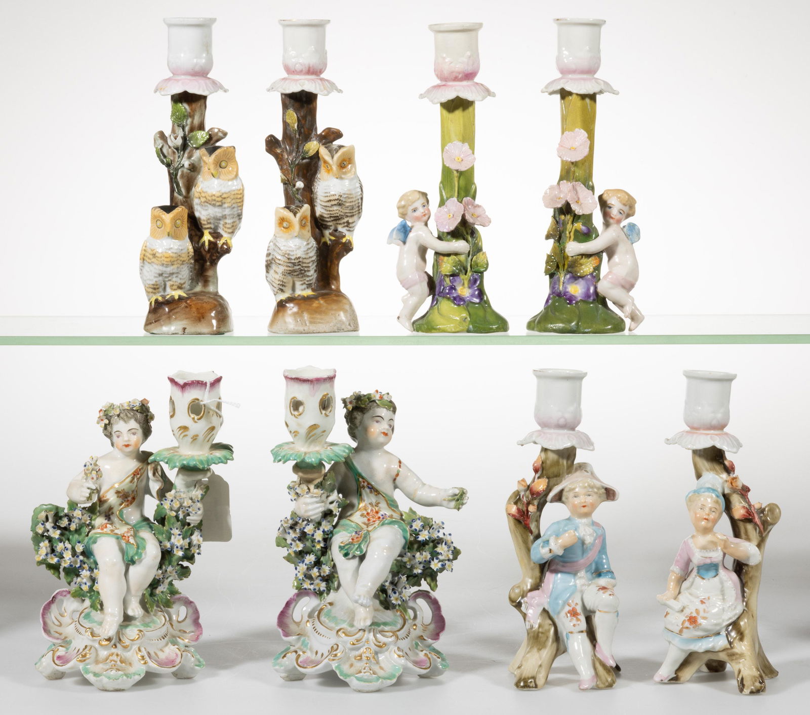 GERMAN PORCELAIN HAND-PAINTED FIGURAL CANDLESTICK PAIRS, LOT OF FOUR, (1 of 1)