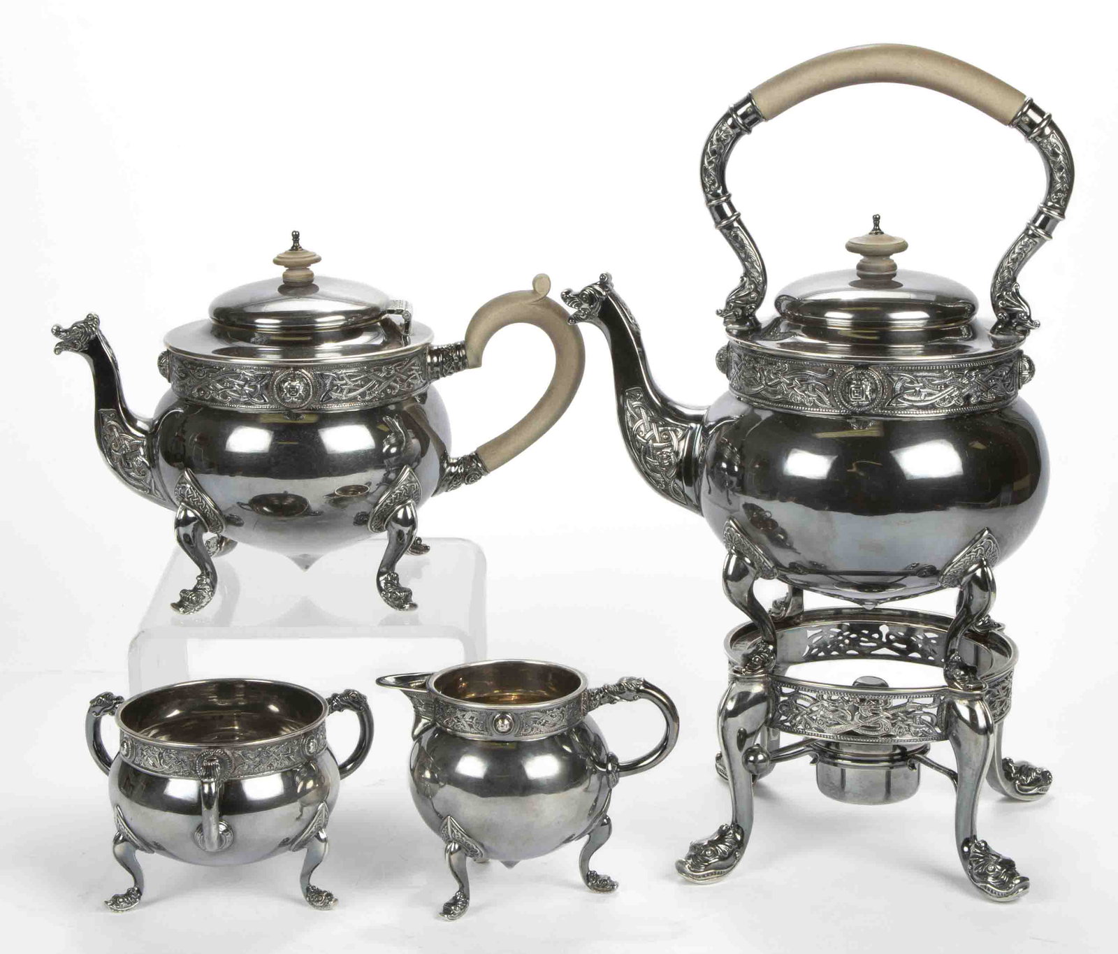 EDWARDIAN IRISH STERLING SILVER FIVE-PIECE TEA SERVICE, (1 of 1)