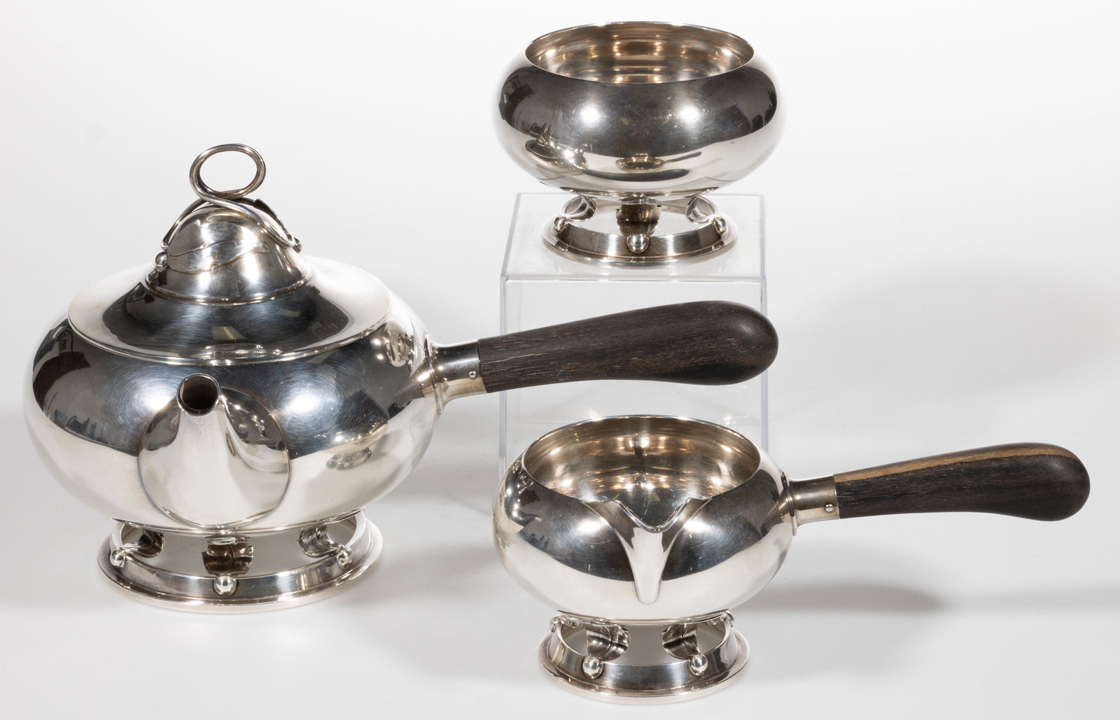 ALLAN ADLER MODERNIST STERLING SILVER THREE-PIECE TEA SERVICE, (1 of 2)
