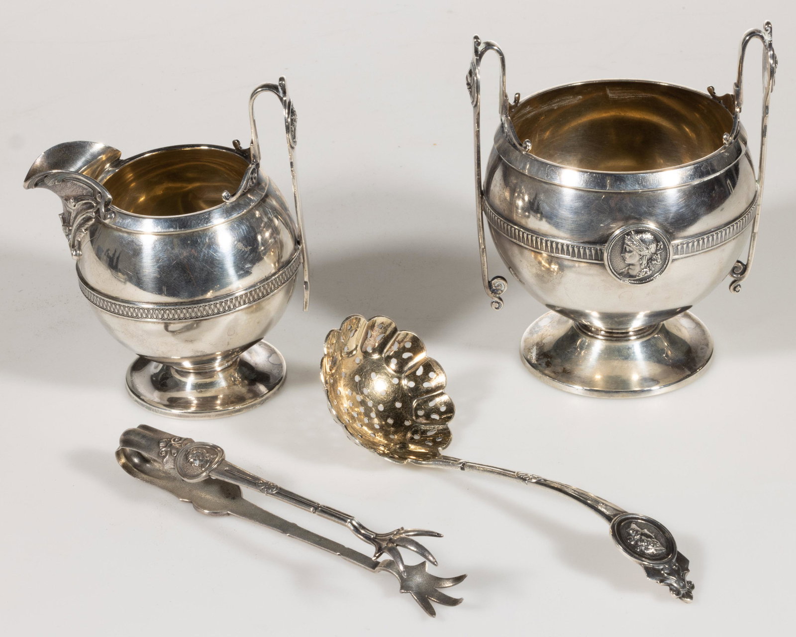 GORHAM "MEDALLION" STERLING / COIN SILVER FOUR-PIECE CREAMER AND SUGAR SET, (1 of 4)