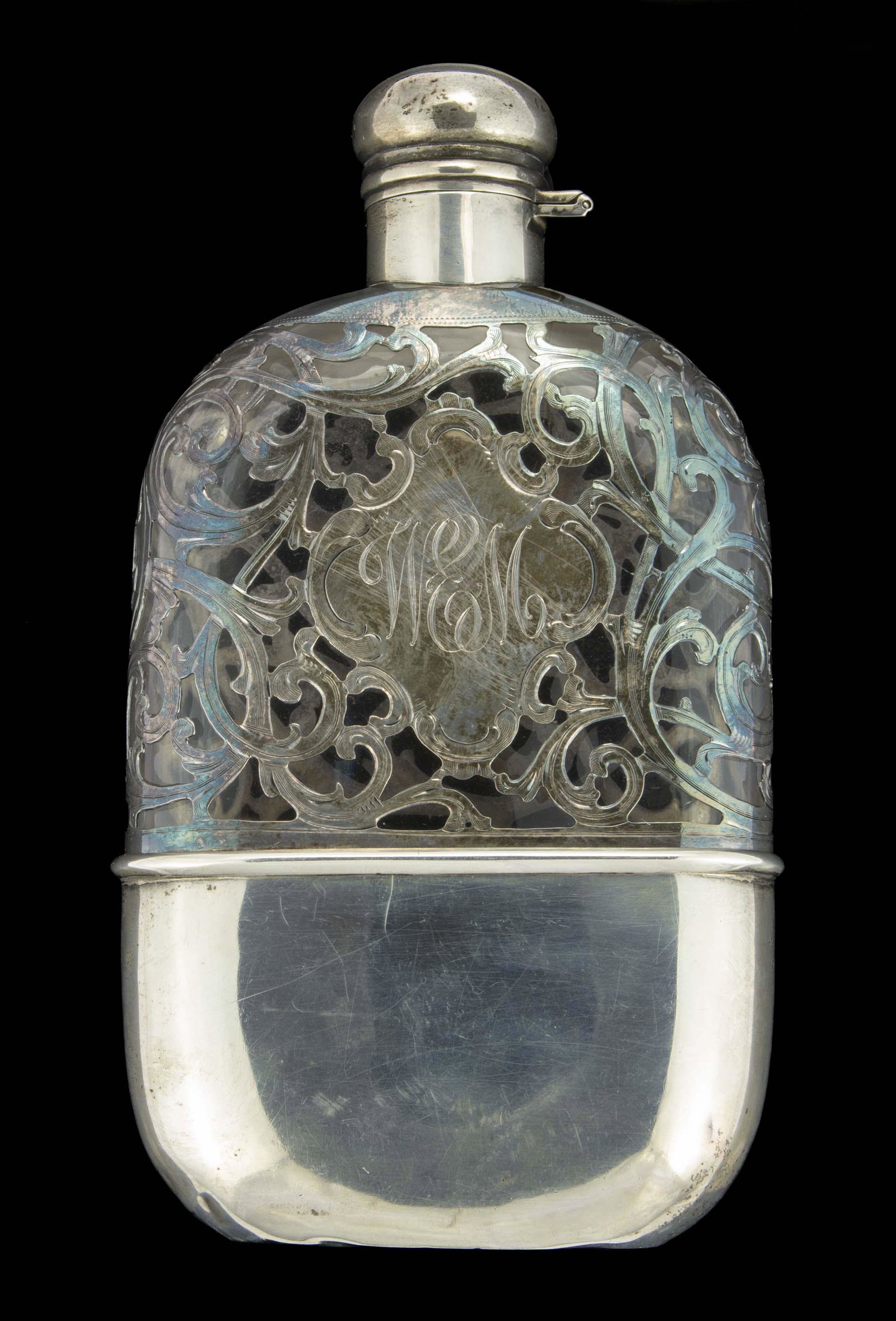 ALVIN STERLING SILVER AND GLASS POCKET FLASK, (1 of 2)