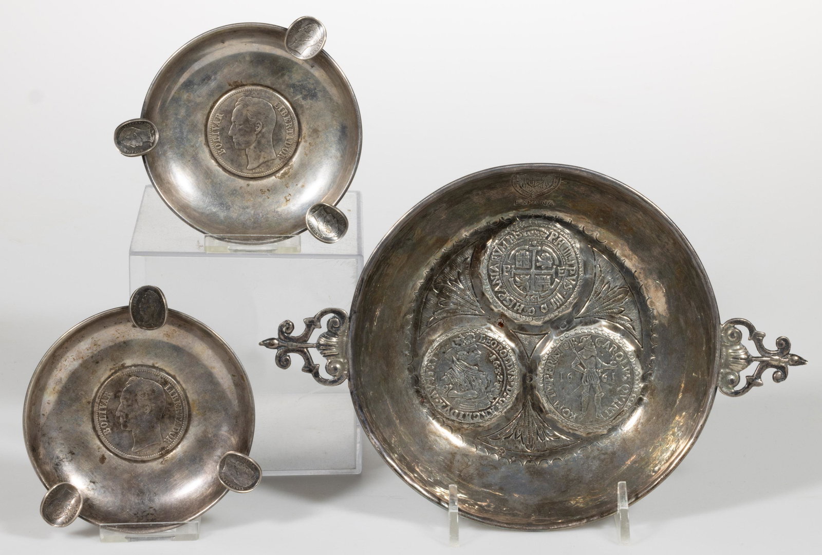 ASSORTED SILVER ARTICLES SET WITH FOREIGN COINS, LOT OF THREE, (1 of 1)