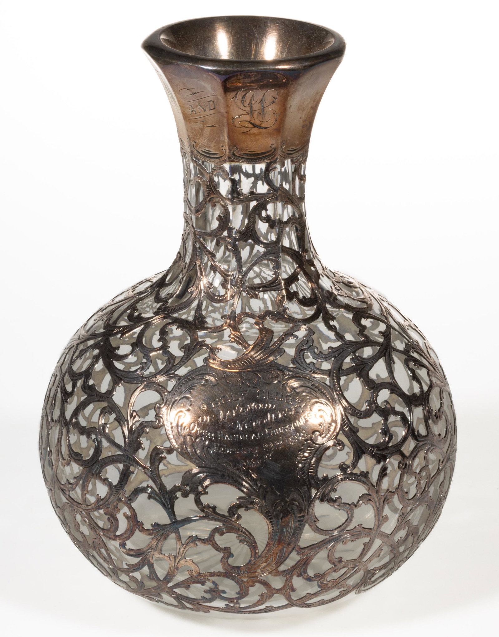 NEW JERSEY GOLF CLUB PRESENTATION / TROPHY SILVER-OVERLAY GLASS WATER CARAFE, (1 of 3)