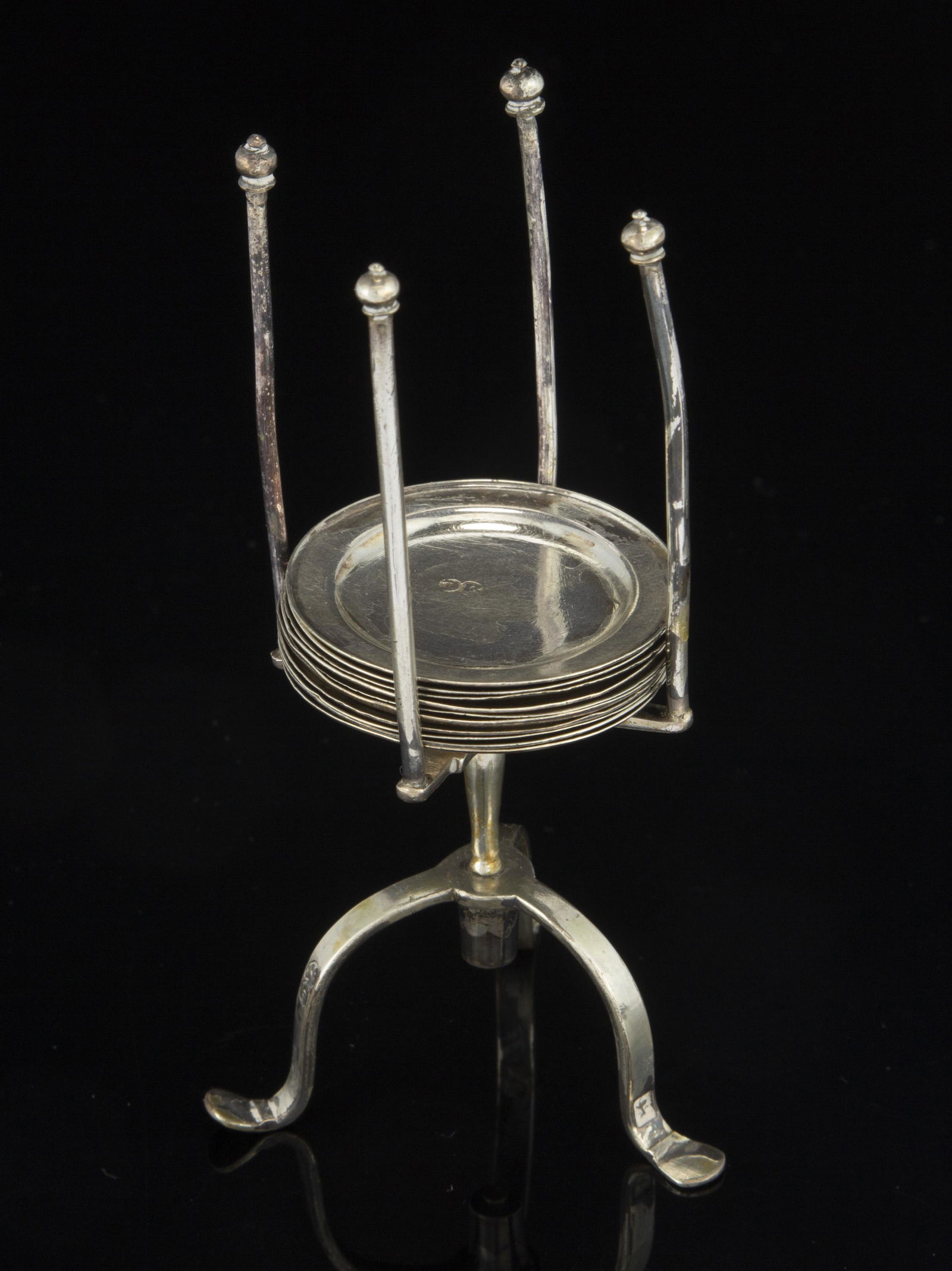 GEORGE I / II ENGLISH STERLING SILVER MINIATURE PLATES WITH STAND, SET OF 11 PIECES, (1 of 2)