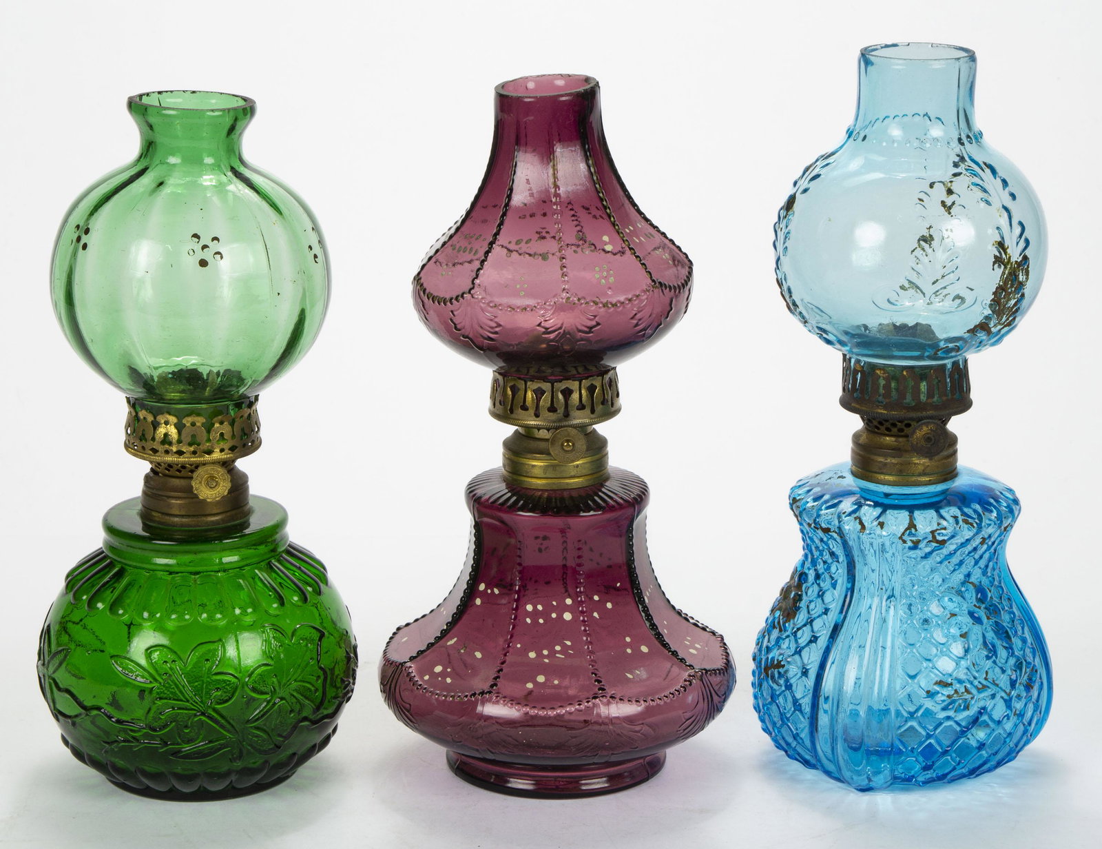 ASSORTED COLORED GLASS MINIATURE LAMPS, LOT OF THREE, (1 of 1)