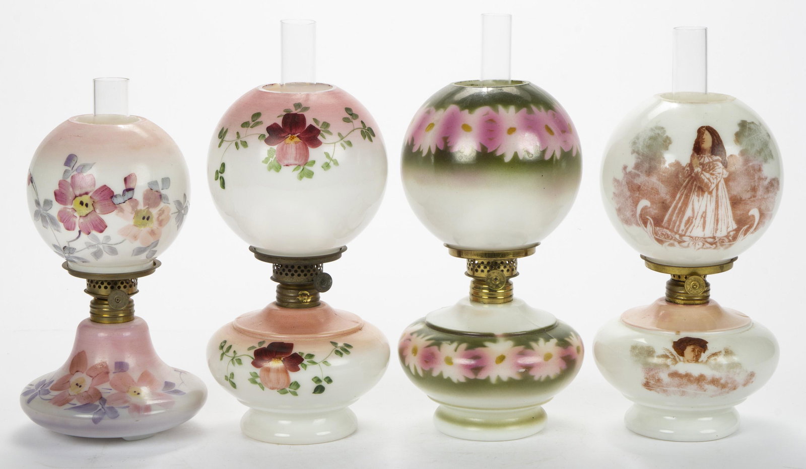 ASSORTED PATTERN DECORATED OPAQUE GLASS MINIATURE LAMPS, LOT OF FOUR, (1 of 1)