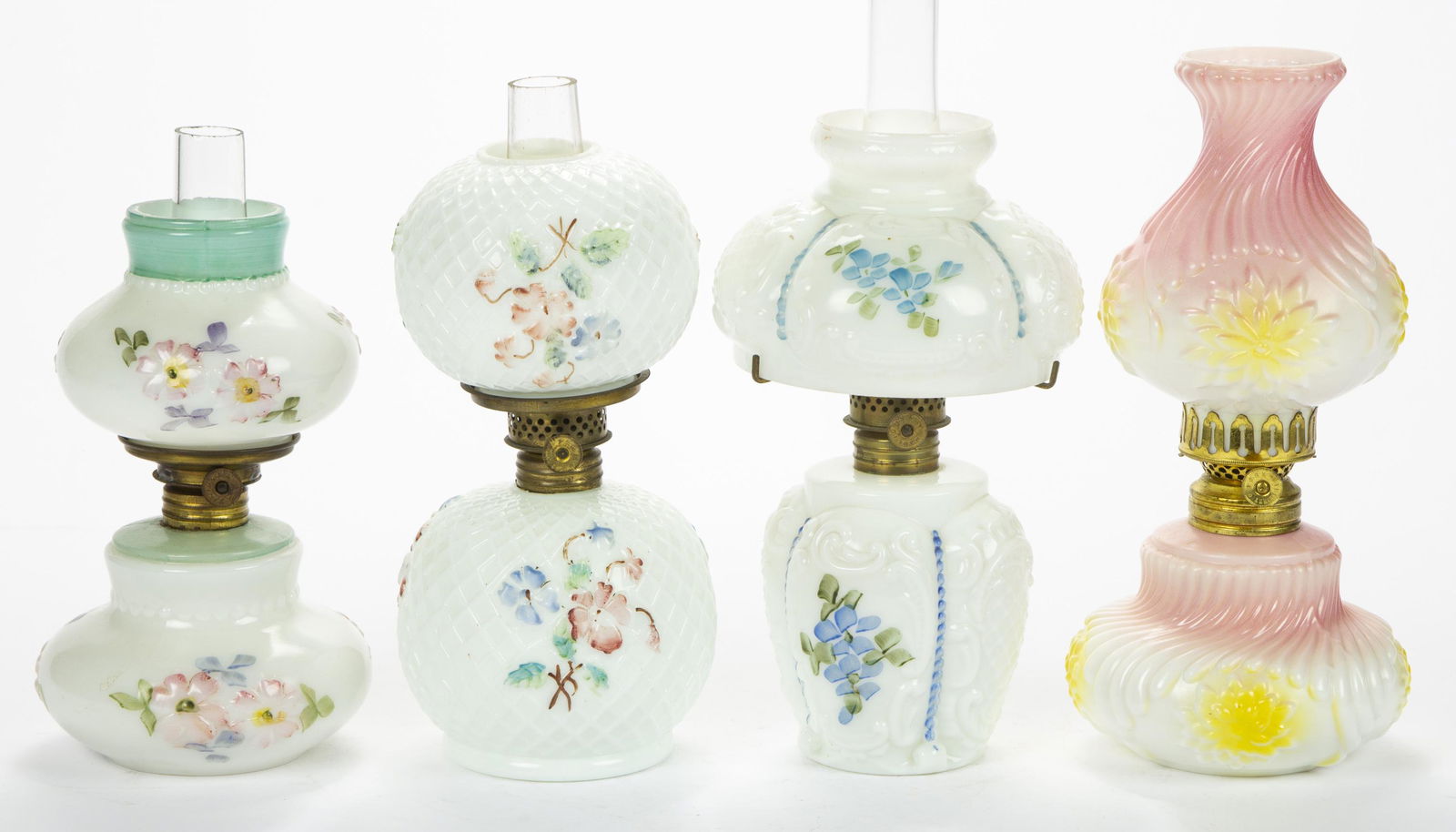 ASSORTED PATTERN DECORATED OPAQUE GLASS MINIATURE LAMPS, LOT OF FOUR, (1 of 1)
