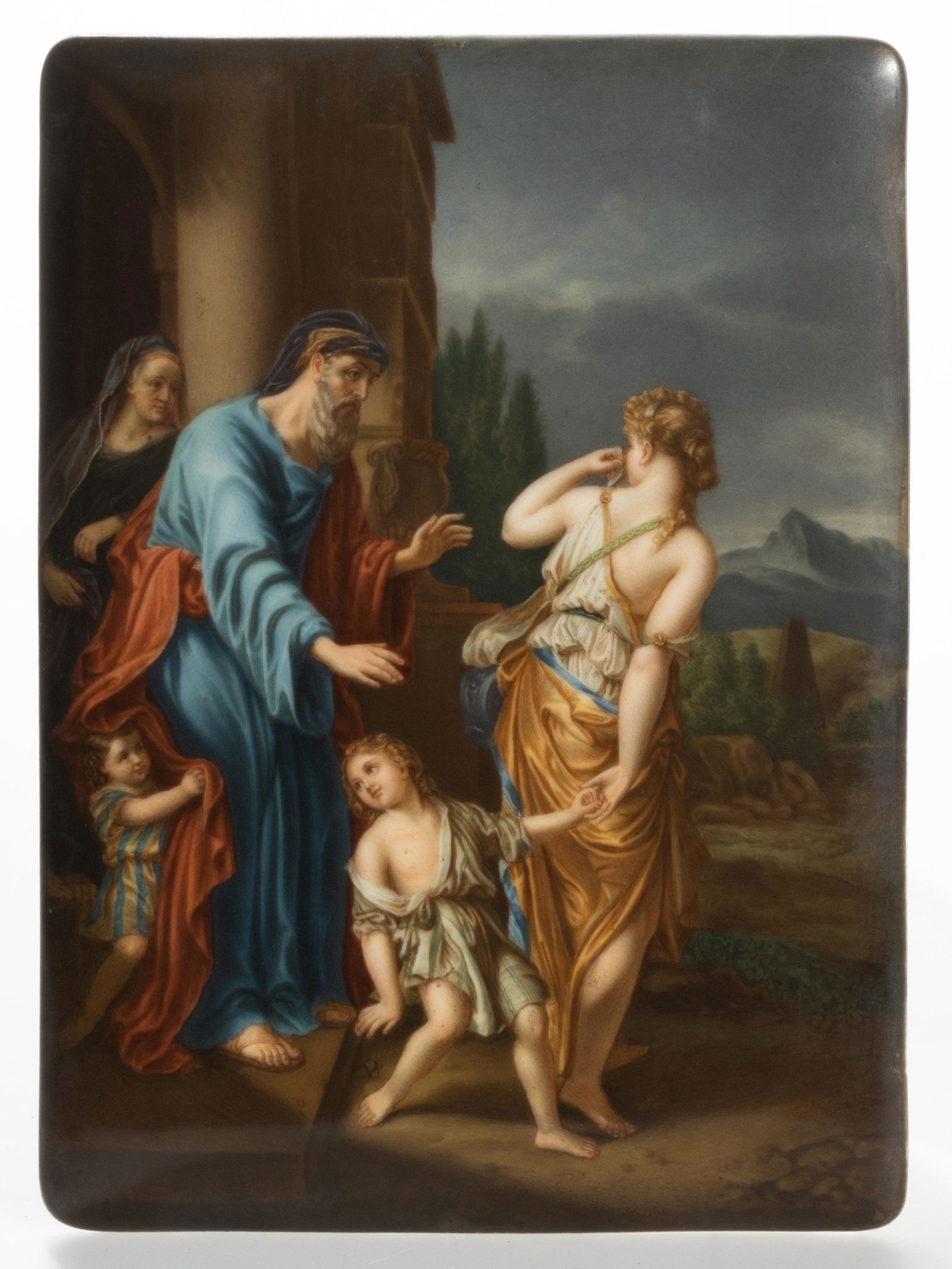 HEINRICH (HENRY) BUCKER (GERMAN, 1812-1873) HAND-PAINTED PORCELAIN PLAQUE,: HEINRICH (HENRY) BUCKER (GERMAN, 1812-1873) HAND-PAINTED PORCELAIN PLAQUE, featuring "The Expulsion of Hagar and Ishmael", after the painting by Adriaen van der Werff (1659-1722), retaining original p