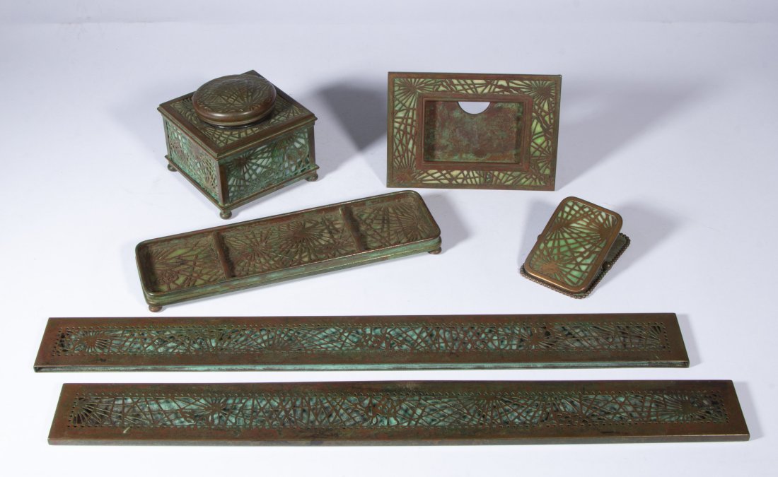 TIFFANY STUDIOS BRONZE PINE NEEDLE DESK ARTICLES, LOT OF SIX, (1 of 1)
