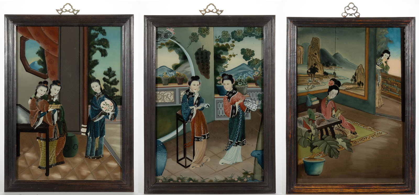 CHINESE REVERSE-PAINTED GLASS PICTURES / PAINTINGS, LOT OF THREE, (1 of 4)