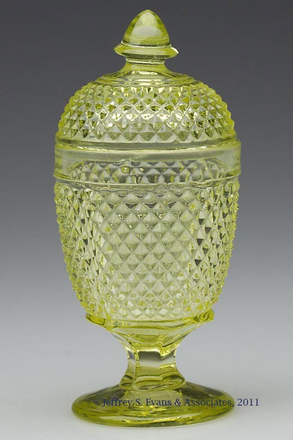 DIAMOND POINT / SHARP DIAMOND (OMN) COVERED EGG CU: DIAMOND POINT / SHARP DIAMOND (OMN) COVERED EGG CUP / POMADE, canary yellow, cover with an acorn-form finial. Boston & Sandwich Glass Co., New England Glass Co., and probably others. Third quarter 19t