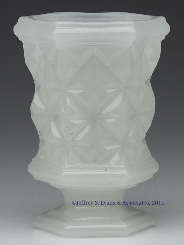 SANDWICH STAR SPOON HOLDER / SPILL: SANDWICH STAR SPOON HOLDER / SPILL, translucent alabaster/clambroth, hexagonal rim and single-step foot with polished pontil mark. Boston & Sandwich Glass Co. and probably others. Third quarter 19th c