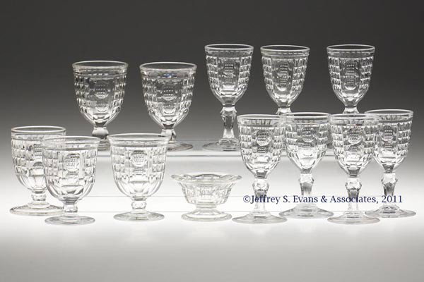 WAFFLE AND THUMBPRINT / PALACE (OMN) ARTICLES, LOT: WAFFLE AND THUMBPRINT / PALACE (OMN) ARTICLES, LOT OF 13, colorless lead glass, comprising seven wines, six having petals at base of stem, five egg cups, two with bulbous stem and three with facetted 