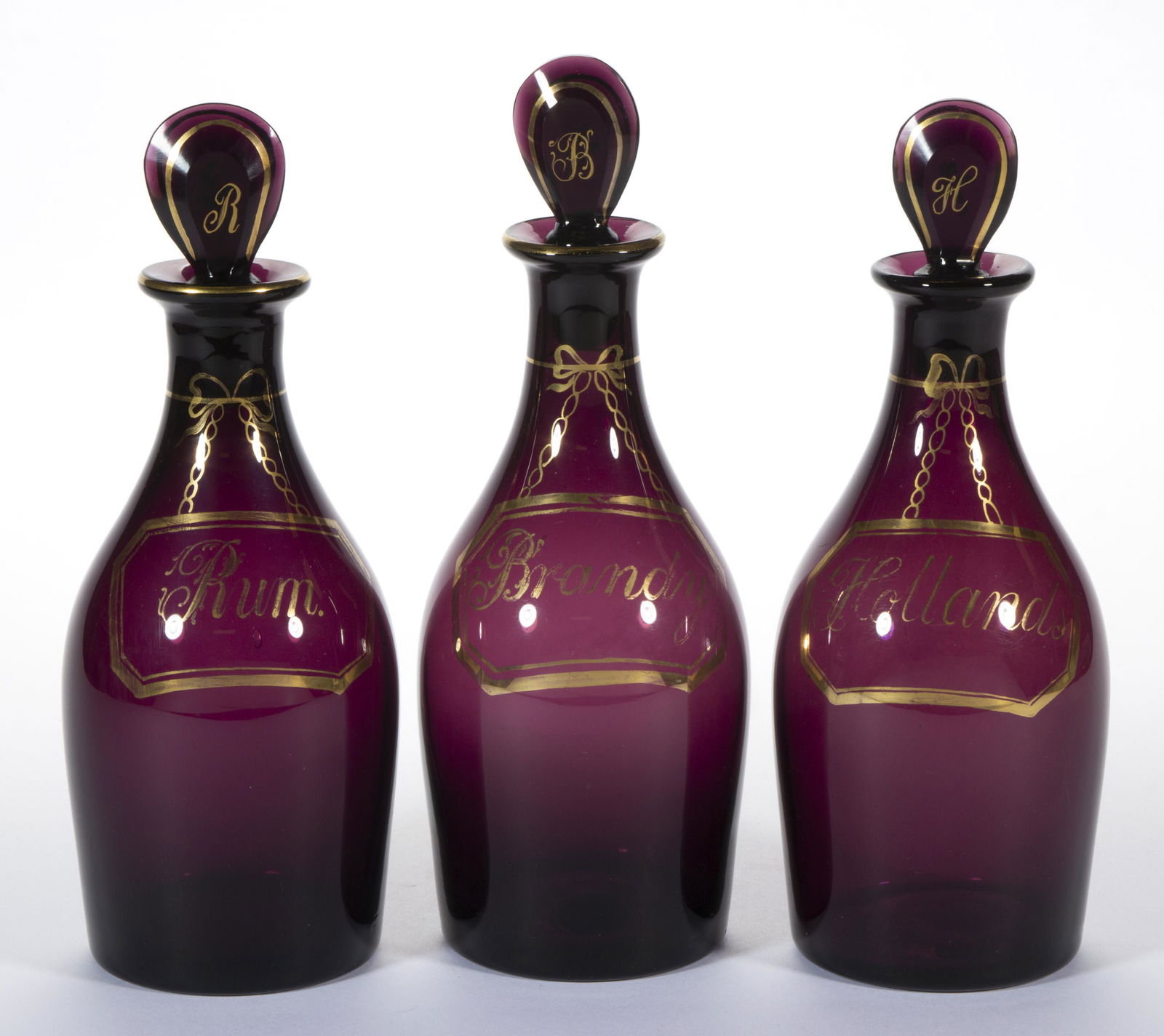 ENGLISH FREE-BLOWN COLORED GLASS THREE-BOTTLE DECANTER SET (1 of 1)