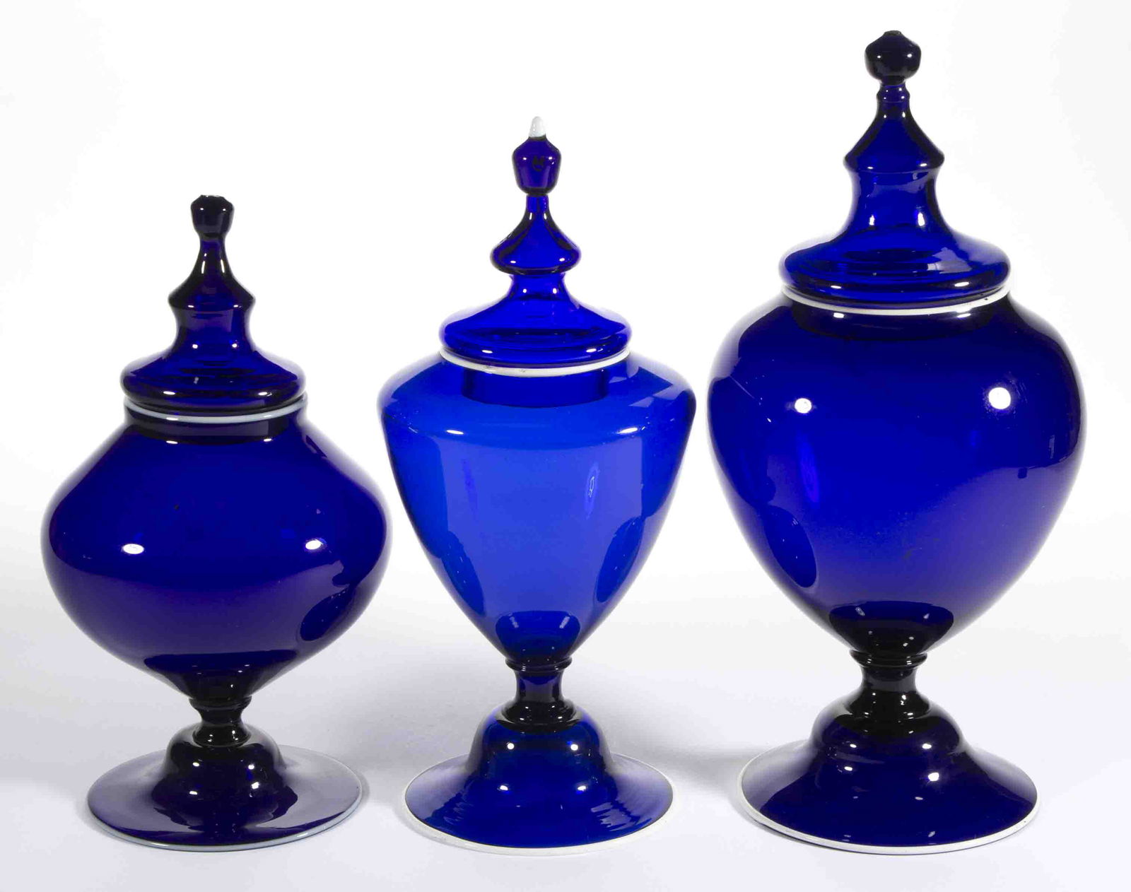 CONTINENTAL FREE-BLOWN GRADUATED SET OF APOTHECARY JARS, LOT OF THREE (1 of 1)