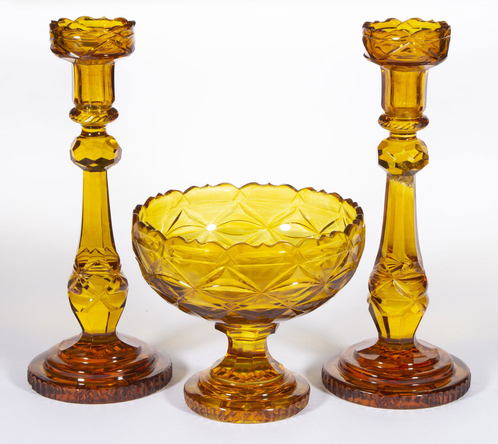 VICTORIAN AMBER CUT GLASS THREE-PIECE CONSOLE SET (1 of 1)